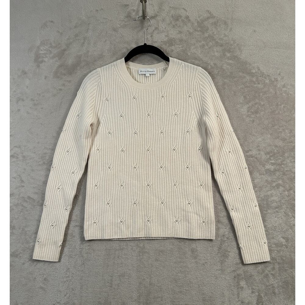 White Warren Faux Pearl Embellished Cashmere Ribbed Sweater Size L Preppy Prep